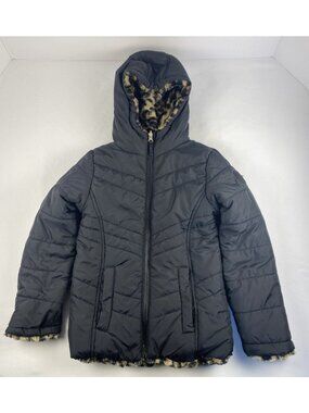 Madden Girl Youth 6/6X Girls Reversible Black Hooded Puffer Jacket Cheetah